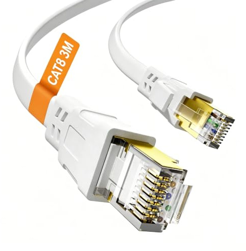 Nowunke Cable Ethernet Cat 8 Blanc 3m - RJ45 Plat Haut Débit Fibre 40Gbps 2000MHz pour Réseau LAN Gigabit Blindé, Routeur, Modem, Switch, Xbox, PS5/4