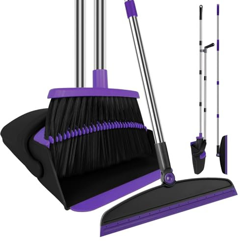 UDUK Broom with Dustpan Combo Set and Silicone Air Broom Kit, 51 Long Handle Floor Squeegee, Purple Household Kit for Glass Window Rugs Pet Hair Home