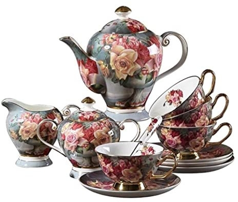 GAOJUNAN Juego de Té para Adultos Juego De Tazas De Té De Cerámica De 15 Piezas Juego De Tazas De Café Europeo para Uso Doméstico Juego de Té para el Hogar