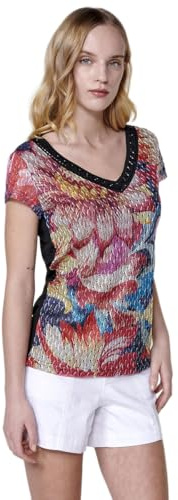 Koroshi Camiseta manga corta cuello pico con tejido blonda estampado floral con forro elastico en el frontal y detalle de brillos en el escote con espalda lisa de punto camiseta multicolor para mujer,