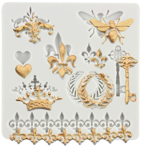 Sijiangmold Barock-Fondantform Biene Krone Schlüssel Spitze Silikonformen | Kuchen Dekoration Cupcake-Topper Süßigkeiten Gummipaste Schokolade Polymerton