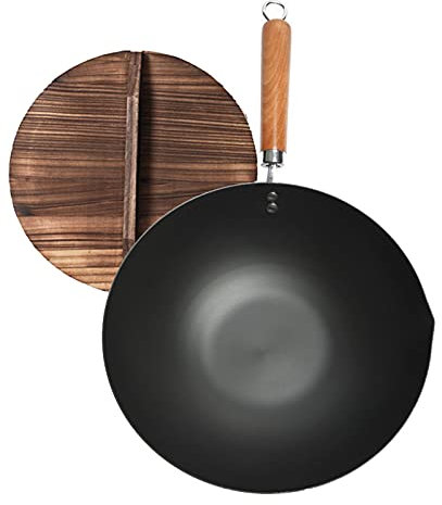 SXYKXYDL Sartenes de Hierro con Tapas de Madera, Wok Antiadherente con Mango ergonómico y Fondo Plano para cocinas eléctricas, de inducción y de Gas