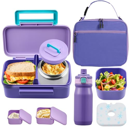 PIQUEBAR Kids Lunch Box with 8oz Thermo, Leakproof Bento Box with Insulated Bag, Kids Insulated Water Bottle, Food Lunch Container for Back to School Girls Boys, Purple