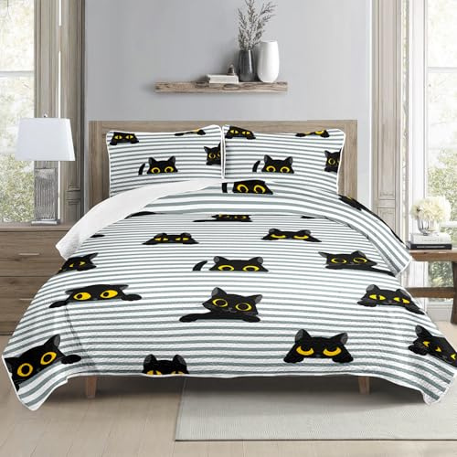 HOSIMA Tagesdecke, Tagesdecke im Schwarze Katze-Stil, Atmungsaktive Steppdecke aus Polyester 3-teiliges Set mit 2 Kissenbezügen als Dekoration für die Sofadecke im Schlafzimmer(Katze S)