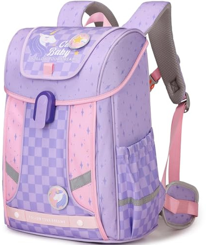 Amythe Schulrucksack Mädchen Ergonomisch 1-5. Klasse mit Brustgurt, Kinderrucksack Schule 6-12 Jahre Schulranzen mit Abnehmbarer Gürtel und Reflektierend 24L-Lila