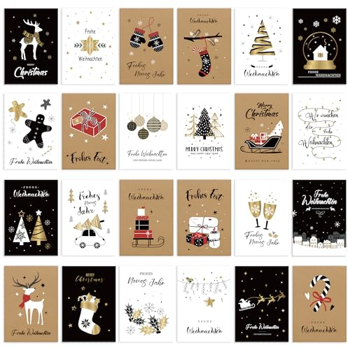 24 Weihnachtskarten, Weihnachtskarten Set mit Umschlägen, Klappkarten Weihnachten in Weiß/Schwarz/Kraft Papier mit Edler Goldener Heißfolienprägung, Weihnachtsgrußkarten für Familie Freunde Kollegen