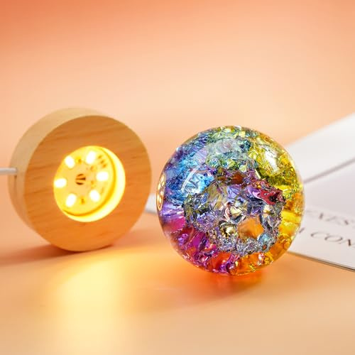 kanpura Colorful Ice Cracked Crystal Balls with Wooden Light Base 60mm Glass Spheres Night Light Decor for Meditation Fengshui Divination
