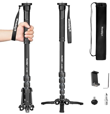 Manbily A-222 Monopods for Cameras with Feet, 5 Sections, 170cm, Max Load 7kg, Camera Monopod Extendable Portable Travel Aluminum for DSLR Canon Nikon Sony Video Camcorder (Grey)