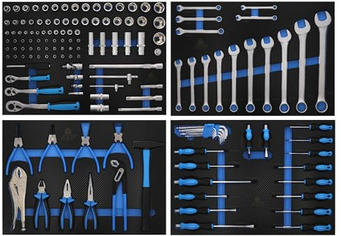 ATF Premium 4 Stück Werkzeugeinlagen 146-teilig bestückt für Werkzeugwagen, Einlage EVA Carbon, Professionelle Werkstattausrüstung, Chrom-Vanadium, 58x44cm Einlage, Ratsche, Stecknuss Gabelschlüssel