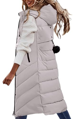 Steppweste Damen Lang Ärmellose Weste Kapuze Warm Daunenweste Gesteppt Wintermantel Reissverschluss Longweste Steppjacke Outdoor Leichte Jacke Kapuzenweste Herbst Elegant Übergangsweste mit Taschen