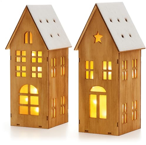 com-four® 2x belysta trähus med LED och 6h/18h timer, juldekoration för bord eller fönsterbräda, vinterdekor i trä [urval varierar] (2x Holzhaus)