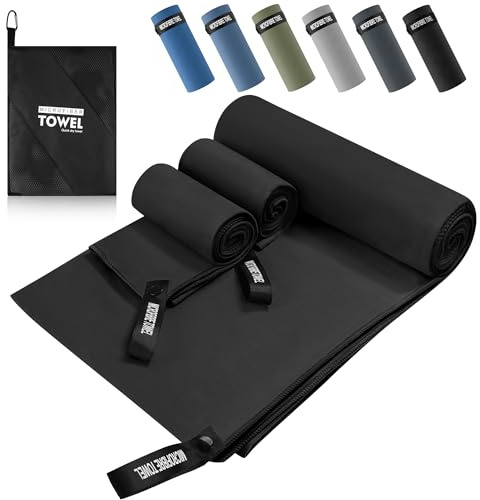 Mikrofaser Handtuch 3er Set, Mikrofaser Handtuch Groß 200x100cm & Mikrofaser Handtücher 2 Klein 80×40cm, Schnelltrocknend und Leicht, Ideal als Sporthandtuch, Strandtuch, Reisehandtuch (Schwarz)