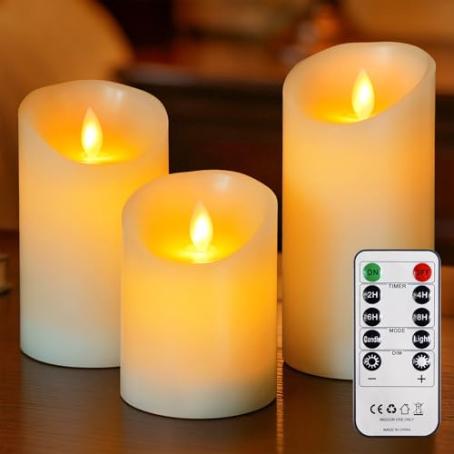 Mavandes Flameless Pillar LED Candles with Remote Control and Timer, Real Wax, Moving Wick Ivory Battery Operated Long Lasting Realistic Pack of 3 Flickering Indoor (7.5cm x 10cm 12.5cm 15cm)