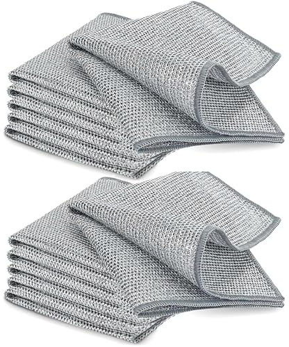 Sugfews 12Pcs Double Layer Scrubber Wire Dishwashing Rag, Multipurpose Wire Dish Towel, Reusable Stainless Steel Scrubber, Non Scratch, Wire Dish Cleaning Cloths for Kitchen Sinks Counters (30x30cm)
