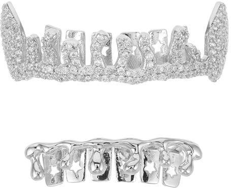 ibasenice 2 Stück Metall Zahnschmuck Hip Hop Unregelmäßige Form mit Strasssteinen Silberner Zahnschmuck Cosplay Accessoire für Rapper und Musikfestivals