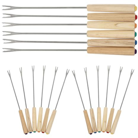 SAFIGLE Set 18 Forchette per Fonduta in Acciaio Inox con Manico in Legno, Forchette da Portata per Formaggio e Barbecue, Utensili da Cucina per Riunioni e Feste
