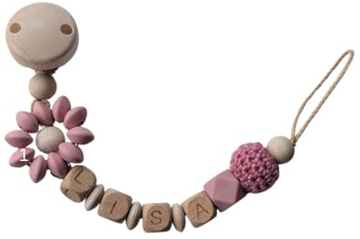Geschenk zur Geburt mit Namen personalisiert, Schnullerkette Blume für Jungs und Mädchen, Nulliband, Babyparty, Schnullerkette mit Namen