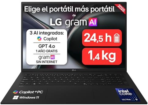 LG gram 17Z90TL-G.AU99BN - Ordenador Portátil Ultraligero de 17 Intel Core Ultra 9 288V, 32 GB RAM, 1 TB SSD, IPS Antirreflej, 1389g, 24.5 h, Windows 11, Teclado QWERTY Español, Negro Carbón