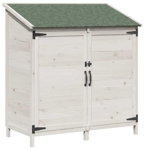HETFTJN Geräteschuppen Weiß 106,5x56x113,5 cm Holzwerkstoff Gartenschrank klein für Outdoor Geräteschrank Wetterschutz mit Asphaltdach Lamellentür und Vorhängeschloss Outdoor-Stauraum