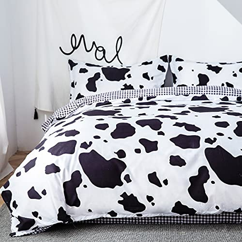 Morbuy Kuh Bettwäsche 135x200 3teilig, Kuhflecken Bettwäsche-Sets Mikrofaser Bettbezug mit 2 Kissenbezug Kinder Weiß Schwarz Wendebettwäsche mit Reißverschluss, Kuhmuster/Kariert