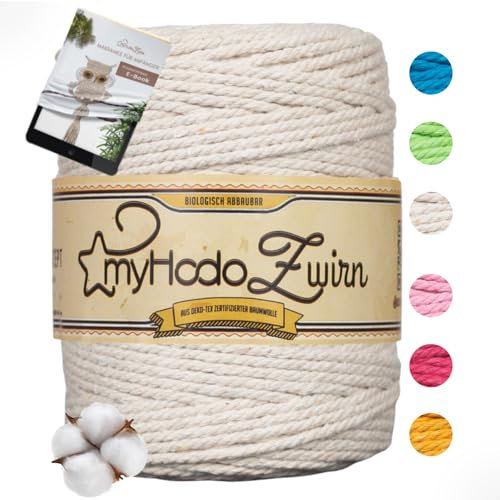 Filato per Macramè Premium 3mm Naturale myHodo - Realizzato in Cotone Certificato Oeko-TEX, Confezione Senza Plastica - Ideale per Appendiabiti, Portavasi e Progetti DIY (3mm x 135m)