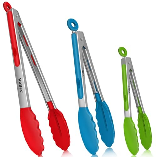 Walfos Silicone Tongs for Cooking - Heat Resistant kitchen tongs for Salad,Cooking, Grilling,Stainless Steel and BPA Free Silicone Tips set of 3 (7 9 and 12 inch)