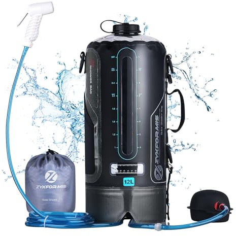 Zyxformis Camping Shower Portable Solar Powered 12L/ 20L TPU Bag with Long Removable Hose Pressure Foot Pump Shower NozzleTemperature Display Lightweight Outdoor Hiking Climbing Bathing Bag