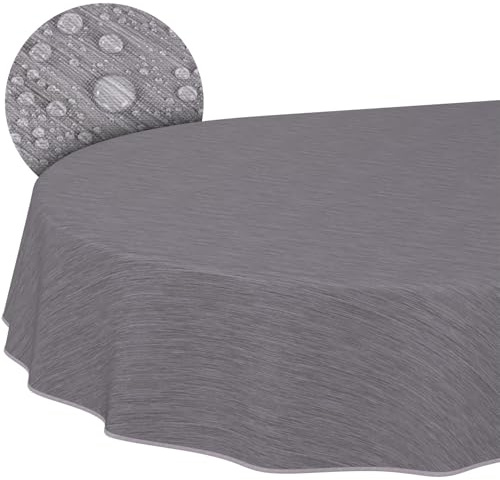 ANRO Wachstuchtischdecke Grau Oval 200x140 cm Mit Saum | Abwaschbar · Rutschfest · Pflegeleicht · Wasserabweisend · Wetterfest für In- & Outdoor