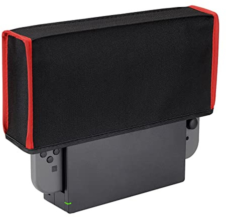 PlayVital Cover Antipolvere per Nintendo Switch/OLED,Copertura Nylon Coperchio Protettivo Impermeabile Antigraffio per Nintendo Switch Charging Dock-Nero&Bordo Rosso