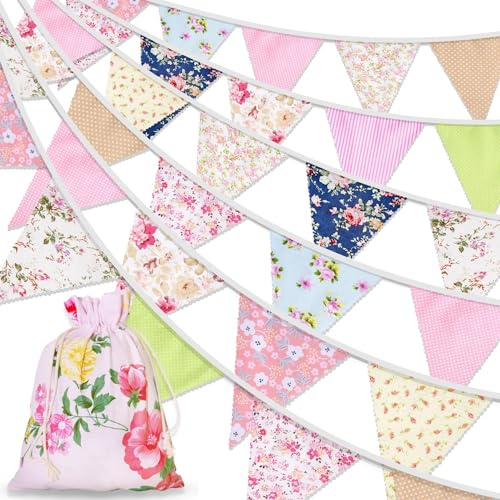 Orifinter 45.9ft Fabric Bunting Flags, 46Pcs Vintage Mothers Day Bunting + Drawstring Bag, Floral Bunting for Birthday, Party, Easter, Festival, Afternoon Tea Decorations