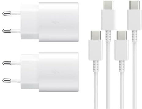 2 Pezzi 25W Caricatore USB C Rapido Caricabatterie per Samsung Galaxy S24, S23, S22 Ultra, S21, S20, A54, A53, A14, Fold5/4, Flip 5/4, Note10 Rapida USB C Carica Alimentatore Presa con Cavo - Bianco