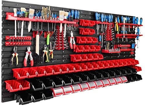 Lagersystem Werkstattregal | 172 x 78 cm | 70 stck. Box | Wandregal mit Werkzeughalterungen und Stapelboxen - Wandplatten Extra Starke Schüttenregal Warkzeuglochwand Lagerregal Garage Regal