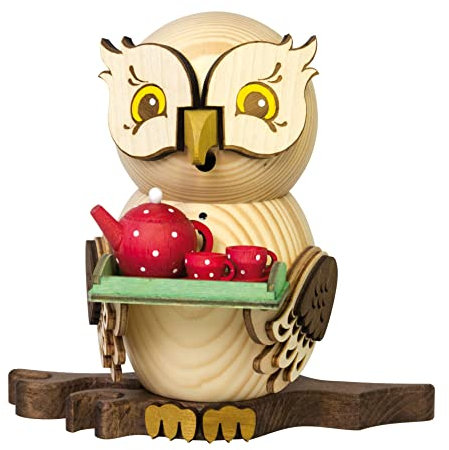 Drechslerei Kuhnert Rauchfigur/Räucherfigur - Eule mit Teeservice aus Massivholz - ca. 15 cm - Made in Germany