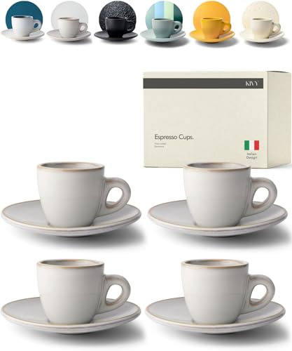 KIVY Set di Tazze da Caffè Espresso [4 x 75ml] - Gres a parete spessa - set tazzine caffe particolari - tazze caffe - set tazzine caffè con piattino - set tazzine da caffè - tazza ceramica