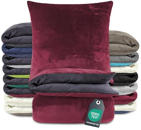 BaSaTex Winter Plüsch Bettwäsche Set, 155x220 cm, Anthrazit Bordeaux | Warm und Kuschelig, Öko_Tex Zertifiziert, Reißverschluss, Flauschig Anschmiegsam, Feuchtigkeitsregulierend