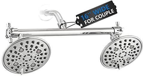 Proox Double Shower Head with Built-in Valve, High Pressure 6 Setting Dual Shower Head Design for Couple on Walk-in Bathroom or Single on Bathtub Bathroom - Chrome