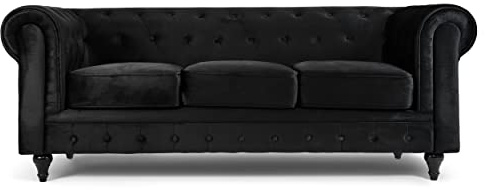 Bravich Velvet Chesterfield Sofa | 3 Seater Settee | Soft Plush Fabric | Foam Seat Cushions | Scroll Arms | Button Studded Back | Living Room Bedroom Conservatory | Black | 209x90x78cm