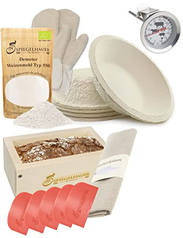 Bäckerei Spiegelhauer Sauerteig Starter Set Getrockneter Bio Lievito Madre 200 g, Demeter Weizenmehl Typ 550 1 kg, Teigschaber, Backrahmen aus Ahornholz, Bäckerleinen,…