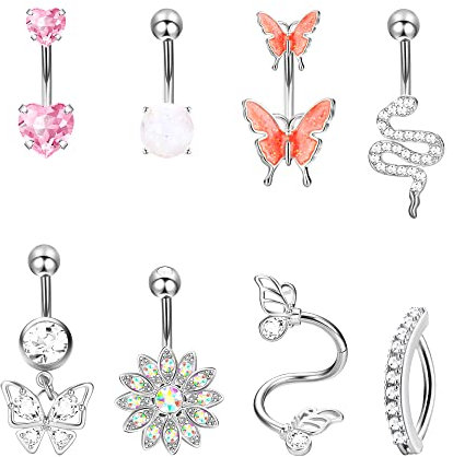 Dochais Piercing Set: Bauchnabel Piercings in Edelstahl & Silber, 8 Stück, 10mm Länge, Herz & Schmetterling Design, 14G für Damen & Männer