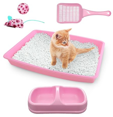 PAWISE Katze Starter Kit beinhaltet 5PCS Kitty Suppies, Low Entry Kätzchen Wurf Pfanne, Katze Wurf Scooter, Katzenschüsseln, Katze Maus Spielzeug, Rosa
