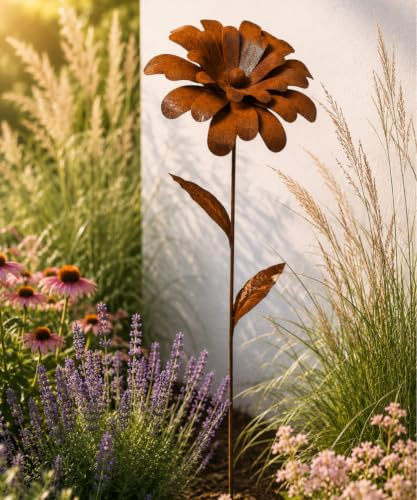 Terma XXL Rost Blume mit Einer Blüte 1,2m Gartenfigur groß, Metallfigur Garten Deko Blume für den Garten rostdeko Figur Metall Blume aus rost deko