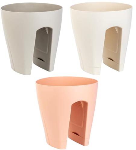 Engelland 3 x Blumentopf für Balkon-Geländer, Farbmix: Sand, Beige, Apricot, Blumenkasten, Balkonkiste, 9 Liter, Kunststoff, Außenbereich, B Ø 29 x H 30 cm