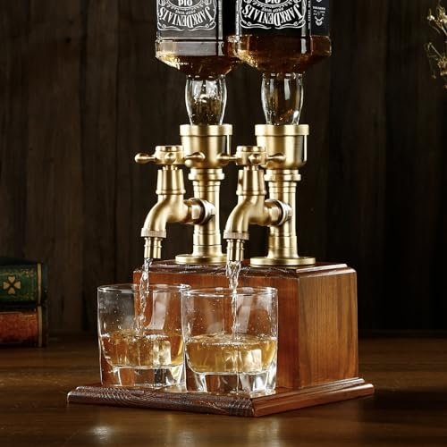Vida Brillante Drink Dispenser for parties Bar Accessories Gifts for Husband Dad Man Cave Decor for Whiskey Lovers with Brass Tube &Wooden Base Suitable for Rum/Bourbon-2 Bottle