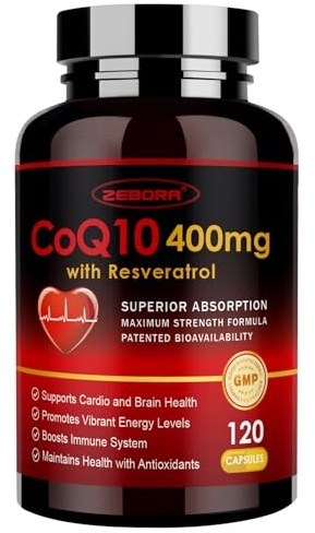 ZEBORA CoQ10-400mg with Trans-Resveratrol, PQQ & Vitamin E - High Absorption Coenzyme-Q10 with BioPerine - Powerful Antioxidant for Heart & Energy-Production,120 Veggie Capsules
