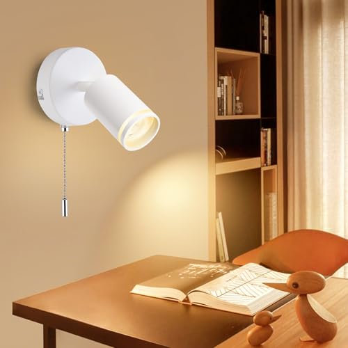 GeyouLux Lampada da parete con interruttore, GU10, lampada da parete con interruttore a fune, per interni bianchi, faretto da parete vintage, girevole a 350°, per soggiorno, camera da letto, ufficio,