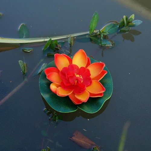Floating Foam Lotus Flower with Water Lily Pad - Artificial Pond Plants Ornaments - Faux Lotus Flower for Garden Pond Aquarium and Swimming Pool Decoration (Orange)