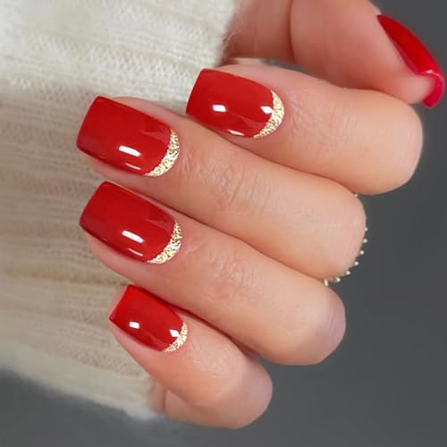 JMEOWIO Nagelfolie Rot Gold Glitzer French Tip Gel Nail Nagelfolien Selbstklebend Nail Sticker Uv Härtend Dekoration Nageldesign Zubehör
