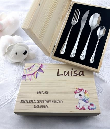 Generisch Kinderbesteck mit Gravur/Einhorn Set/Holzbox farbig/Personalisiert mit Namen/Geschenkidee/Geburt/Personalisiert/Taufgeschenk