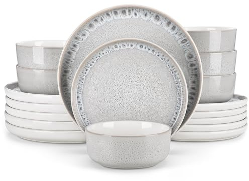 vancasso Steingut Geschirrset für 6 Personen 18-teilig Tafelservice mit Esstellern, Desserttellern & Müslischüsseln – spülmaschinenfestes modernes Geschirr für Alltag und Festessen, Beige (Serie SNOW)