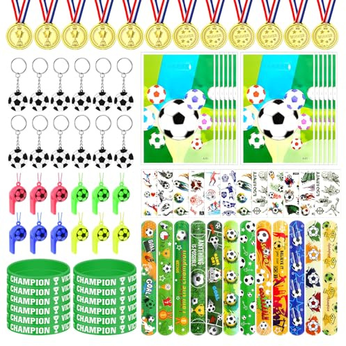 FINEASY 84 Stück Fußball Party Mitgebsel Kinder, Fußball Geburtstags Deko mit Pfeifen, Tattoo, Geschenk Taschen, Silikonarmband, Schlüsselanhänger, Medaillen, Fußball Geschenke Set Für Jungs Mädhen